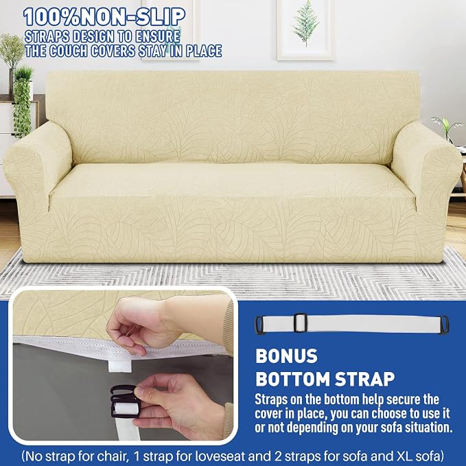 YEMYHOM Couch Cover Latest Jacquard Design High Stretch Sofa Covers for 2 Cushion Couch, Pet Dog Cat Proof Loveseat Slipcover Non Slip Elastic Furniture Protector (Medium, Begonia Leaf Beige)