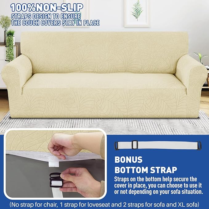 YEMYHOM Couch Cover Latest Jacquard Design High Stretch Extra Large Sofa Covers Pet Dog Cat Proof Oversized Slipcover Non Slip Magic Elastic Furniture Protector (X-Large, Begonia Leaf Beige)