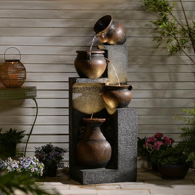 Resin Outdoor Water Fountain 4-Tier Jar Waterfall - Quiet Pump, LED Lights, Rustic Jar Cascading Water Feature for Garden Patio Backyard Decor, 53" H Fountain, Grey