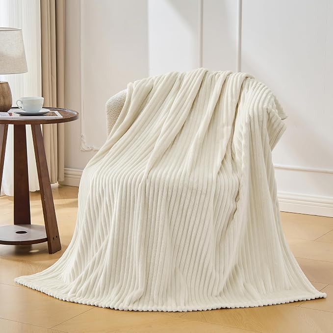 Bnuitland Fleece Throw Blanket for Couch, 300GSM Soft Warm Cozy Fluffy Ivory Throw for Adults & Kids, Stripe Pattern 50"x60", All Season Sofa Bed Blanket for Home Decor
