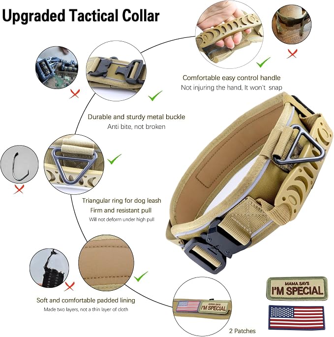 Tactical Dog Collar with Handle for Large Dogs, 2.5"Wide Thick Heavy Duty Metal Buckle Dog Collar with Soft Neoprene Padded Lining, Military Service Reflective Collar for Training(Khaki,L,XL)