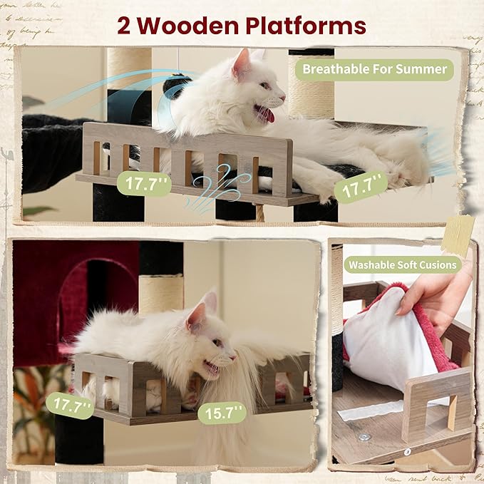 Gitelsnour Maine Coon Cat Tree, Heavy Duty Cat Tree for Indoor Cats Large Adult, Gothic Cat Tower for Large Cats 20 lbs+ with Hammock, 2 Big Perches, 2 Cat Condos, 15 Scratching Posts, Black GCT033BR