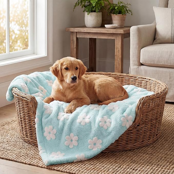 Horaldaily Pets Flannel Blanket, Blue Flowers 3D Textured Soft Fuzzy Fluffy Plush Cozy Fleece Premium Blankets for Dog Cat Puppy Kitten Couch Protection, 30x40