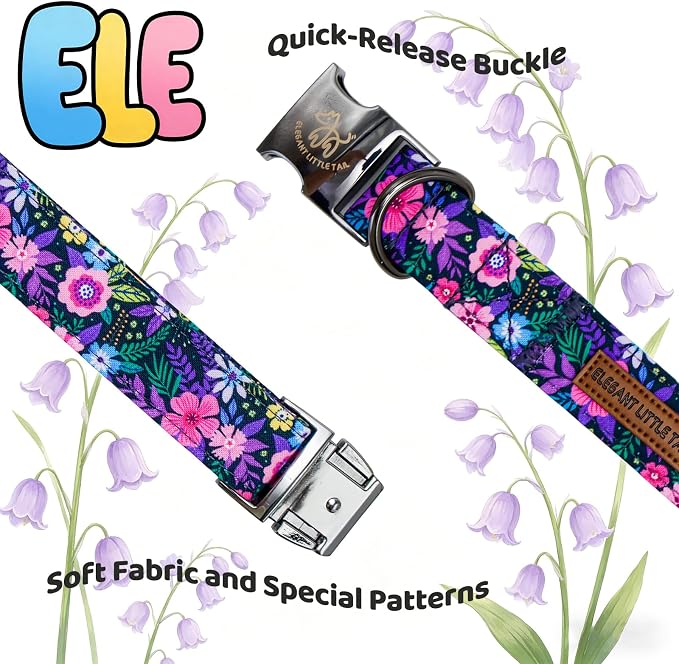 Elegant little tail Dog Collar, Pink Floral Pattern Pet Collars with Bow Girl Cotton Bowtie Collars Spring Puppy Gift Adjustable Pet Collar for Medium Dogs