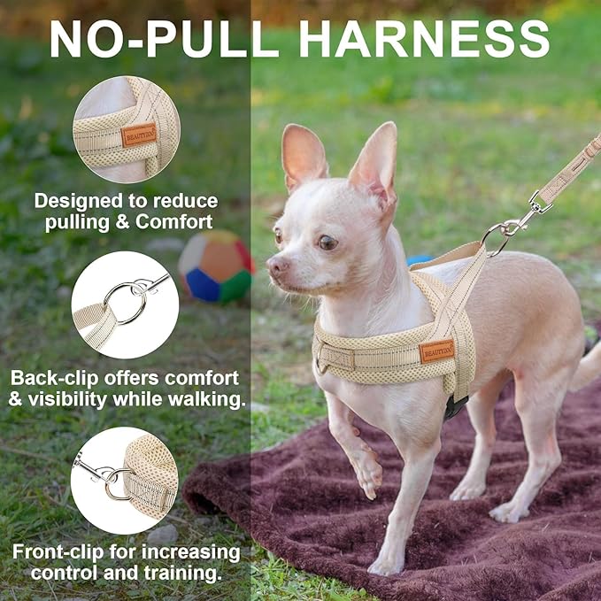 BEAUTYZOO Dog Harness No Pull, Quick Fit Dog Harness and Leash Set, Escape Proof Vest Harness with Soft Handle, Reflective Breathable Mesh Padding Harness for Medium Size Dog Training Walking, Beige M