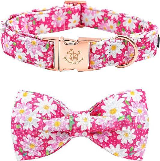 Elegant little tail Dog Collar, Floral Pattern Pet Collars with Bow Girl Cotton Bowtie Collars Spring Puppy Gift Adjustable Pet Collar for X-Large Dogs