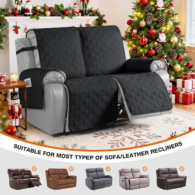 VANSOFY Waterproof Recliner Couch Covers, Sofa Covers 1-Piece Washable Reclining Sofa Cover Non-Slip Furniture Protector with Elastic Straps Pocket for Dogs, Pets(Black,2 Seater)