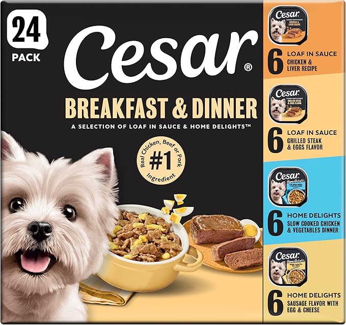 Cesar Wet Dog Food Home Delights & Classic Loaf in Sauce, Breakfast & Dinner Variety Pack, 3.5 oz. Trays, 24 Count (Pack of 1)