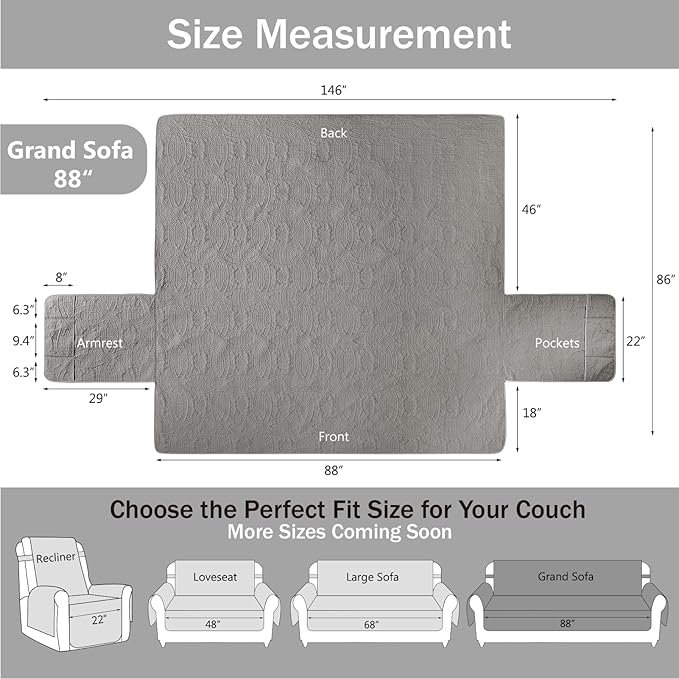 Quilted Grand Sofa Covers Washable, Couch Cover for Grand Sofa, Soft Cozy Couch Protector for 4 Cushion Couch, Oversized Grand Sofa Slipcovers Water-Repellent (Grand Sofa 88", Cool Gray)