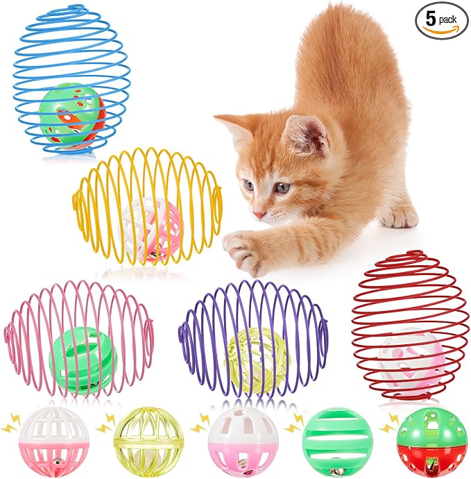 Jecery 5 Pcs Cat Spring Toys Stretchable Rolling Balls Colorful Playful Coils Interactive Action Toy Caged Rats for Kitten Pet Supplies (Bell Ball,Multicolor)