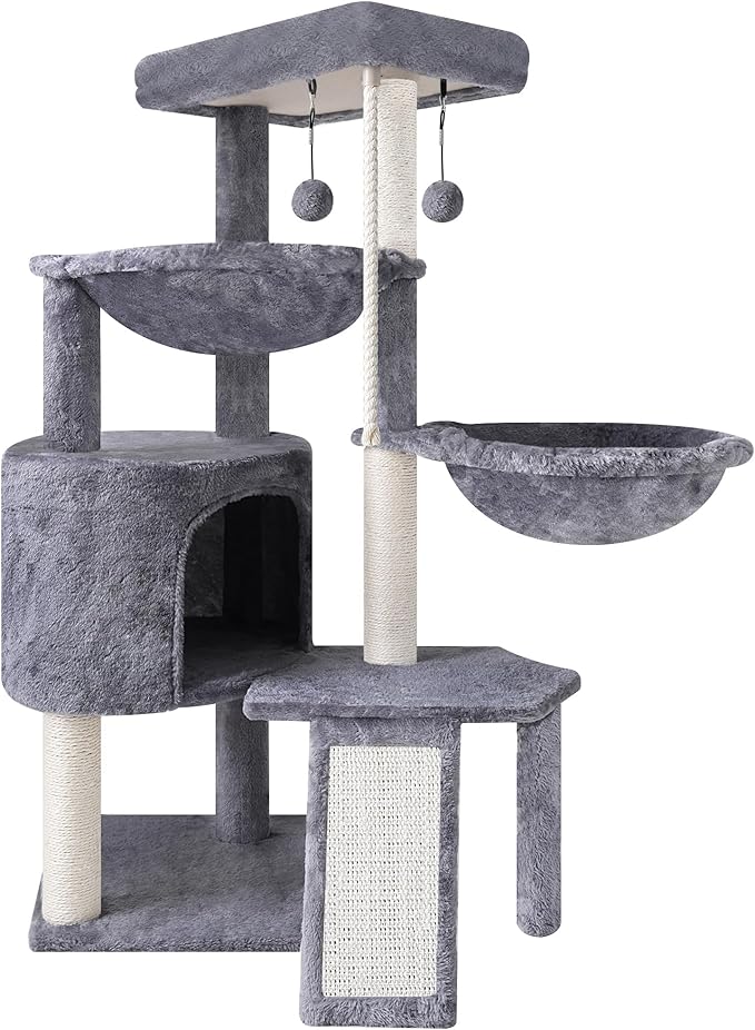 3-Tier Cat Tree with 2 Hammocks & Condo, Grey | Multi-Level Indoor Cat Tower with Natural Sisal Scratching Posts, Rope Ladder, Replaceable Hanging Balls | Sturdy Cat Furniture for Kittens & Adult Cats
