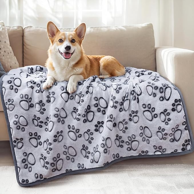 Luciphia Premium Soft Dog Blanket for Small Medium Large Dogs Washable 300GSM Fluffy Warm Fleece Puppy Cat Paw Print Pet Flannel Grey Paw L(41"x31")