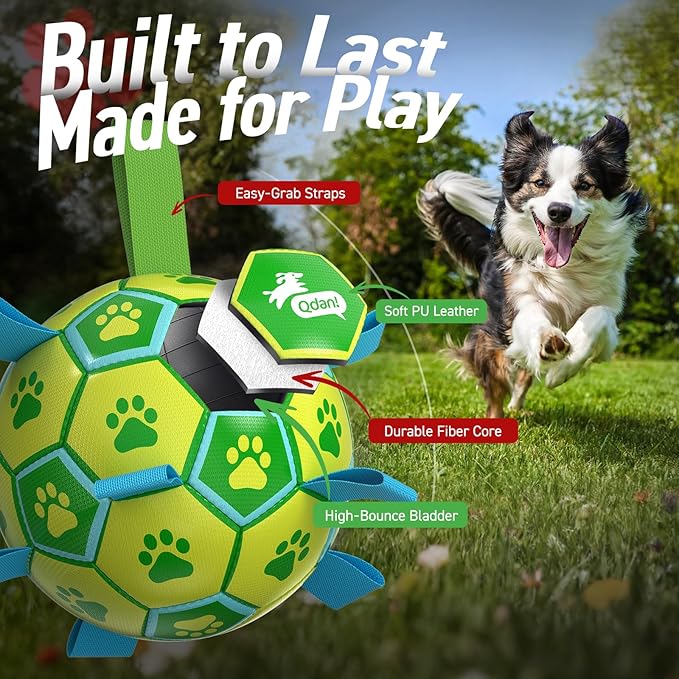 QDAN Dog Toys Soccer Ball - Durable Dog Balls with Strap for Medium Small Dogs, Puppy Birthday Gifts, Dog Tug Toy for Tug of War (8 Inch)
