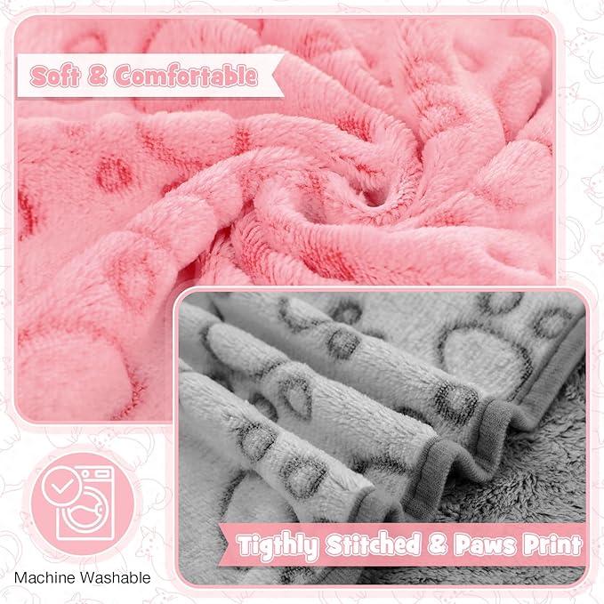 Tegeme 12 Pcs Pet Blankets 30 x 20 Inch Soft Fluffy Fleece Dog Cat Warm Paw Print Pattern Blankets Flannel Throw for Pets Dog Puppy Cat(Pink,Gray,Blue)