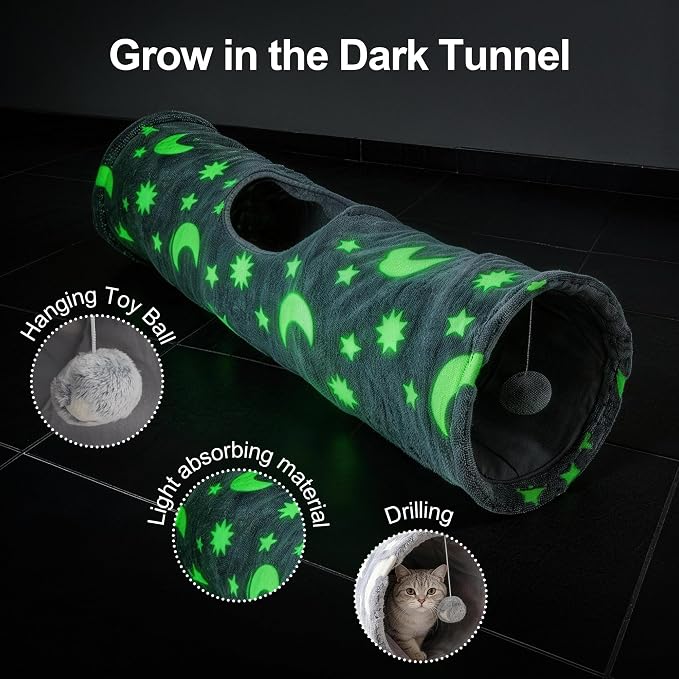 PAWISE Cat Tunnel for Indoor Cats, Glow in Dark Cat Tunnels with Cube Pop-Up, 3-Way Collapsible Cat Play Tunnel Toy for Cats Kittens Rabbits, with Hanging Ball & Bell