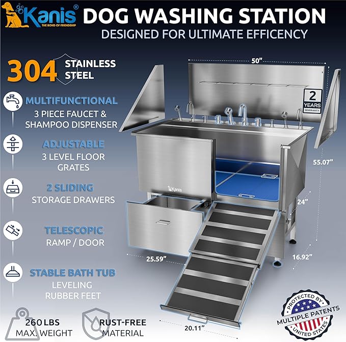 KANIS Professional Dog Washing Station 304 Stainless Steel Pet Wash Sink & Grooming Bathtub w/Shower, Floor Grates and Storage for Large, Medium & Small Pets (Silver, 50 Inches, Right Ramp, 2 Drawers)
