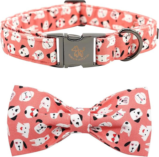 Elegant Little Tail Pink Heart Print Dog Collar - Adjustable Bowtie Collar for X-Small Dogs