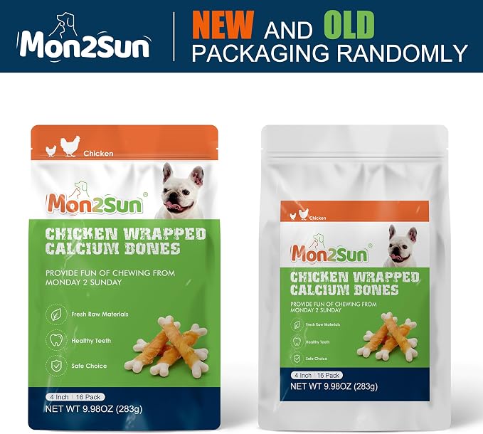 MON2SUN Dog Treats, Chicken Wrapped Calcium Bones Without Rawhide, 4 Inch Training Treats for Teeth Cleaning and Fresh Breath, Chews for Puppy and Small Dogs (10 Ounce - Pack of 2)