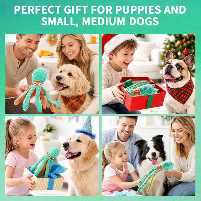 Fuufome Squeaky Octopus Plush Dog Toy for Small Medium Dogs, Soft Crinkle Chew Toy for Puppies Teething, Indoor Interactive Tug-of-War Dog Toy