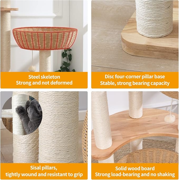 54" Modern Cat Tree Tower for Indoor Cats, Oak Cat Scratching Tree for Multiple Large Cats, Manual Hand Woven Luxury Cat Condo, Unique High-end Design Cat Furniture Activity Centre, Easy Clean