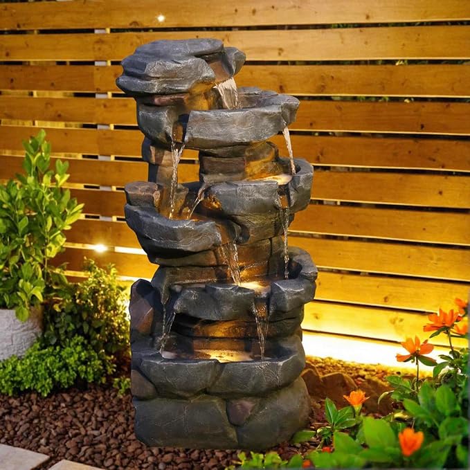 Sunlinua 42" H Outdoor Water Fountain with 5 Tiers Large Cascading Realistic Tree Trunk Waterfall Fountains with LED Lights Outdoor Water Fountain for Garden Patio Backyard Porch Home Decor