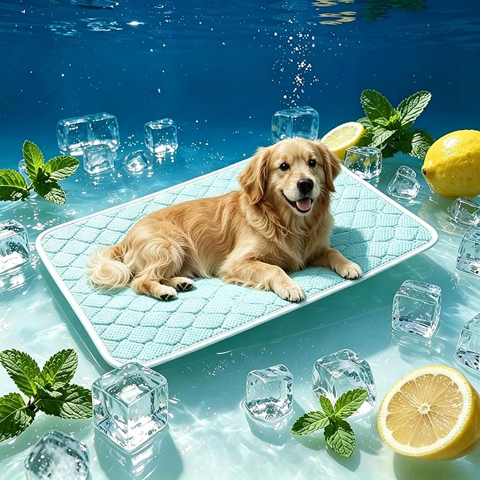 Pet Cooling Mat Scratch Resistant QMAX>0.5 Instant 6-12°F Drop, No Water or Electricity Needed Self Cooling Crate Mat for Bed, Floor, Car Travel Indoor Outdoor Summer Use Light Blue 42" x 28"