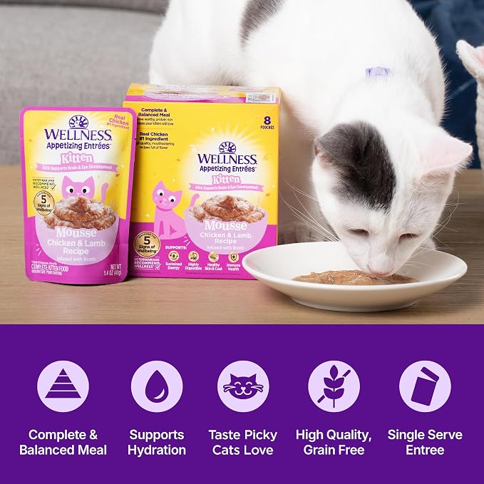 Wellness Appetizing Entrées Variety Pack Kitten Wet Cat Food, Natural, Protein Rich, Grain Free, 1.4 oz, Pack of 8 Pouches