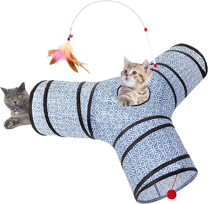 Tempcore 3 Way Collapsible Cat Tunnel for Indoor Cats, Pet Tunnel Bored Toys with Peek Hole & Ball for Puppy, Kitty, Kitten, Rabbit