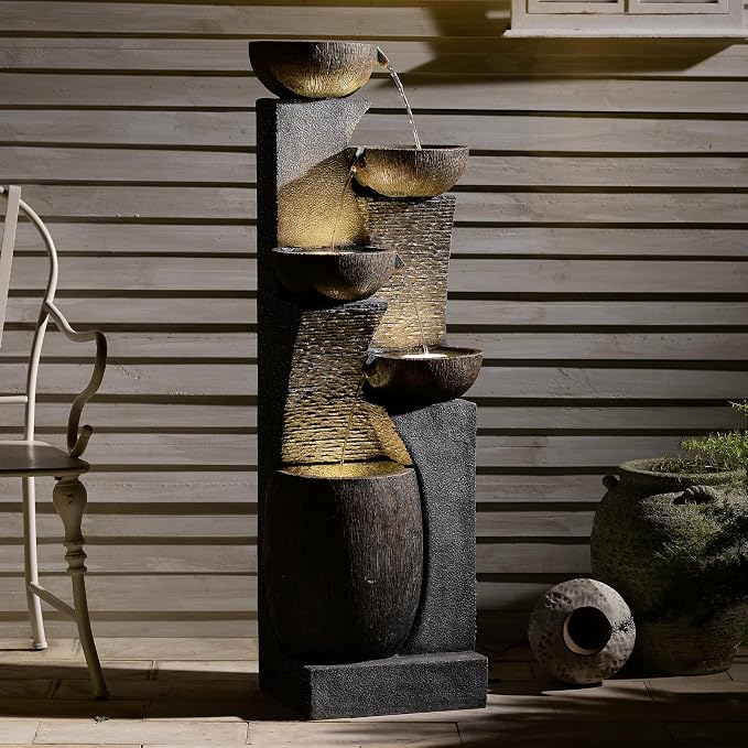 Bumilgar 51.4" H Outdoor Garden Water Fountain for Garden, Patio, Backyard, Deck, Porch and Home Art Decor, 5 Tiers Modern Cascading Large Outdoor Fountain with Lights