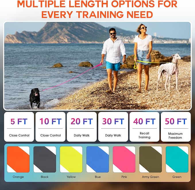 Wolfone 50ft Orange Long Leash - Waterproof Training Dog Leash for Recall, Swimming, Camping, Beach, Hunting, Walking