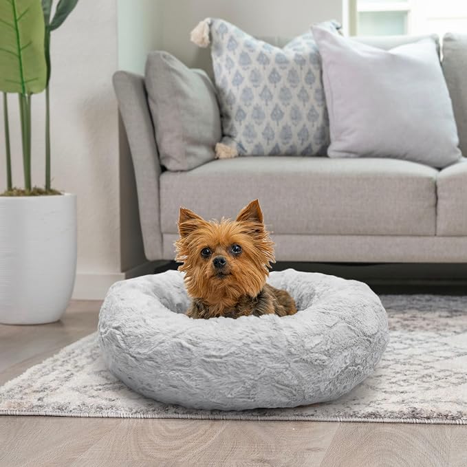 Best Friends by Sheri The Original Calming Donut Dog Bed for Extra-Small Dogs up to 10 lbs, Lux Faux Fur, Gray, 18" x 18"