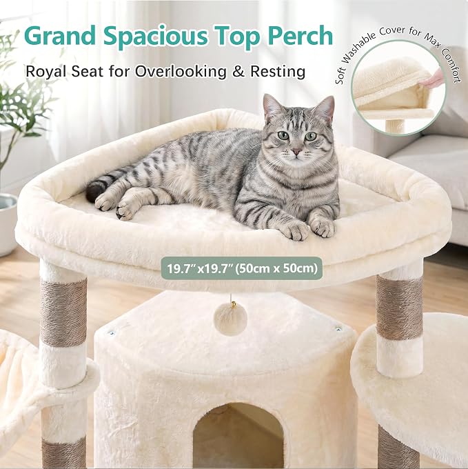 Cat Tree, 81.1" Skyward Corner Cat Tower for Large Cats with Diamond Hideout, Space-Smart Cat Furniture with Grand Platform, Firm Base, 3 Soft Hammock & Pet Relax Station, Beige VCT031MJ