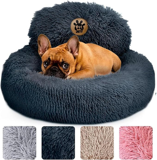PetJett Small Dog Bed - 23'' Round Dog Beds, Calming Puppy Bed - Washable Dog Bed - Anti-Slip, Super Soft Fluffy Plush Faux Fur Pet Bed, Anti-Anxiety Premium Comfort Donut Bed, Fits Dogs Upto 25 lbs