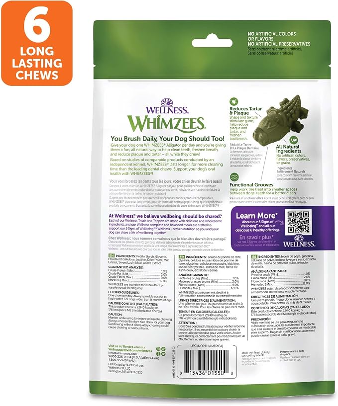 Whimzees Wellness Alligator Natural Dog Dental Treat, Chews, Freshens Breath, Large Size, 12.7 oz Bag, 6 Count