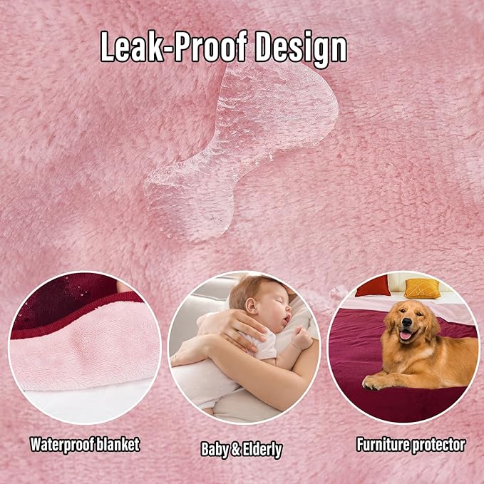 Ahinahwap Waterproof Blanket for Bed, 80"x90" Leak-Proof Design, Reversible & Washable King Size Waterproof Blanket, Large Water Resistant Blankets, Reusable (Burgundy/Rose Pink)