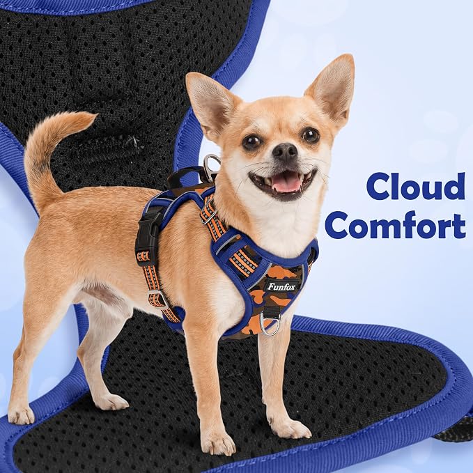 Funfox Dog Harness No Pull, Adjustable Pet Vest Harness, Super Soft Material with Vertical Handle Easy Control, Reflective Night Walking, 2 Leash Clips for Small Sized Dogs, Camo Orange, S