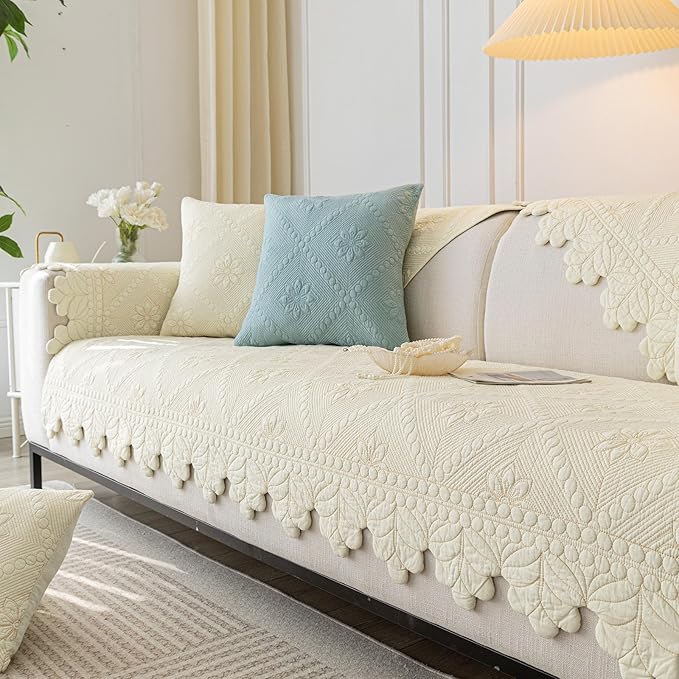 Cotton Quilted Dog Couch Cover for Sofa Farmhouse Rustic Embroidery Sectional Couch Cover Soft Anti-Slip Sofa Slipcover Furniture Protector for Kids, Pets (Ivory,36"x82")
