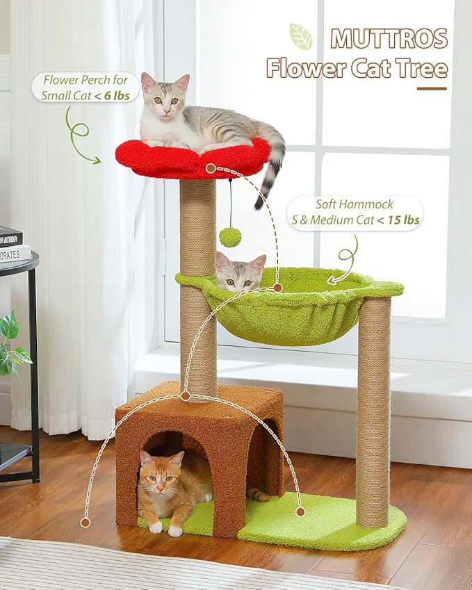 MUTTROS Flower Cat Tree with Sisal Scratching Posts, 35" Cute Cat Tower with Large Green Hammock for Small Indoor Cats, Cat Condo with Removable Flower Bed for Kittens, Brown