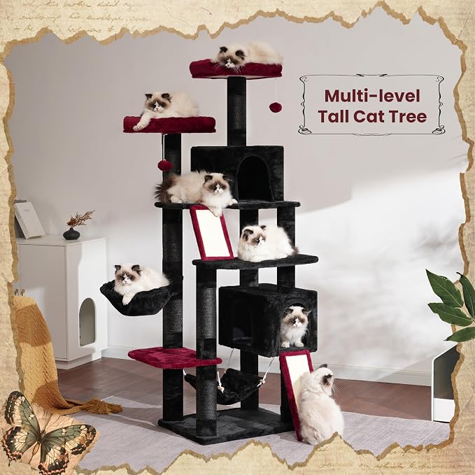 Gitelsnour Cat Tree for Indoor Cats, 71'' (180cm) Multi-Level Cat Tower for Large Adult, Gothic Sturdy Cat Tree House with 2 Scratching Boards 7 Posts, 2 Plush Perches/Condos, Hammock, Black GCT032BR
