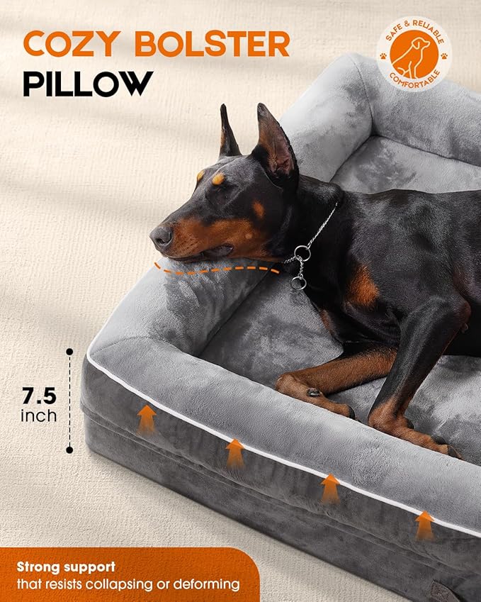 Upvilla Orthopedic Dog Bed XL, Four-Sided Cushioned Egg-Shaped Foam Dog Sofa, Waterproof Removable Cover, Pet Sofa Bed with Non-Slip Base, Extra Large Dog Bed,Gray