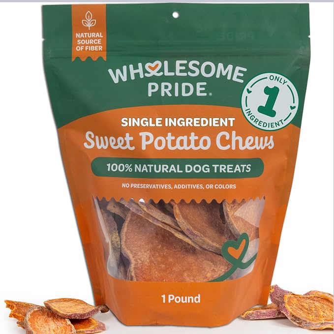 Wholesome Pride Healthy Sweet Potato Chews – Sensitive Stomach Dog Treats, No Preservatives, Single-Ingredient, No Grain, 16 oz