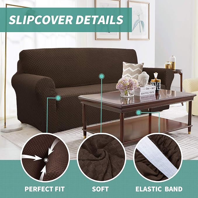 YEMYHOM Couch Cover Latest Jacquard Design High Stretch Sofa Covers for 2 Cushion Couch, Pet Dog Cat Proof Loveseat Slipcover Non Slip Magic Elastic Furniture Protector (Loveseat, Dark Coffee)