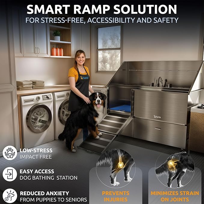 KANIS Professional Dog Washing Station 304 Stainless Steel Pet Wash Sink & Grooming Bathtub w/Shower, Floor Grates and Storage for Large, Medium & Small Pets (Silver, 61 Inches, Left Ramp, 2 Drawers)