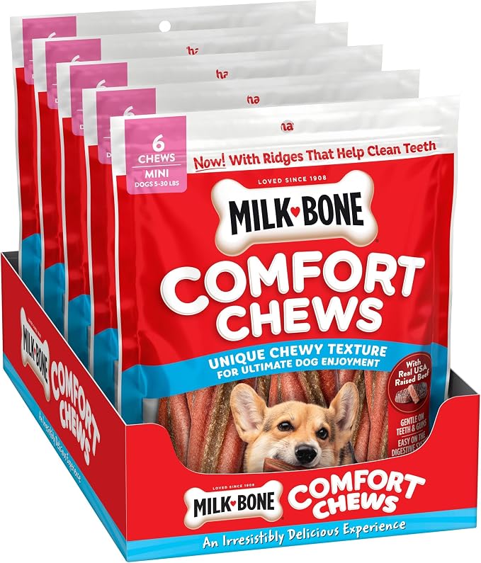 Milk-Bone Comfort Chews, Mini Dog Chews with Unique Chewy Texture and Real Beef, 7.4 Oz. Bag (Case of 5) (6 Chews Each)