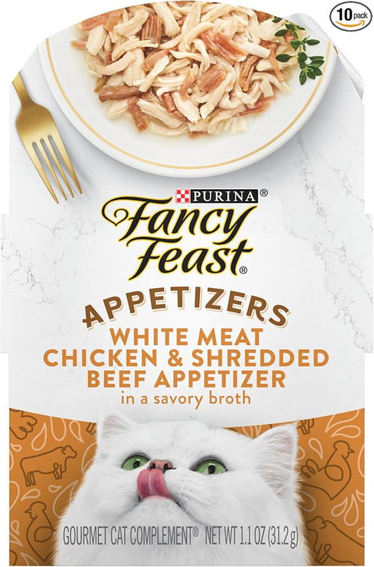 Purina Fancy Feast Appetizers Lickable Grain Free Cat Food Topper White Meat Chicken and Shredded Beef Appetizer - (Pack of 10) 1.1 oz. Trays