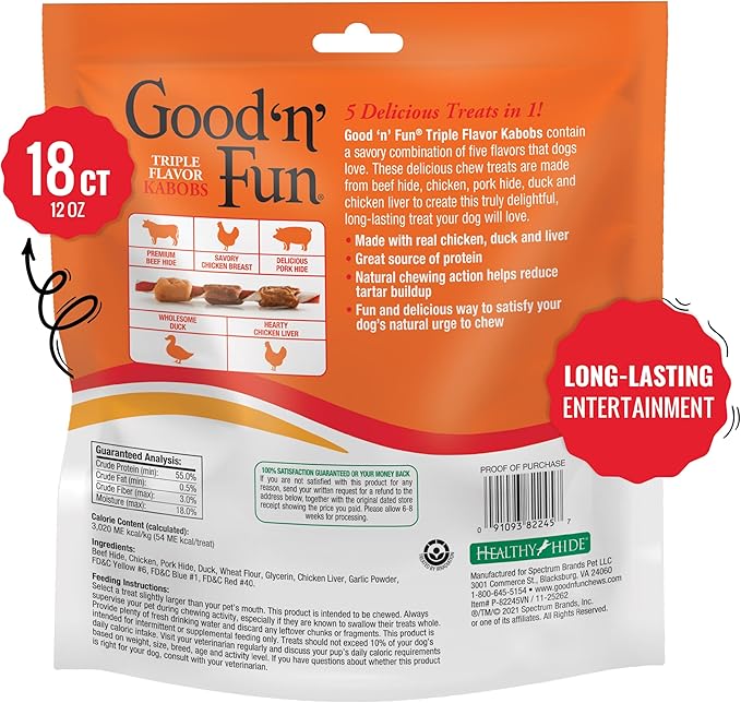 Good 'n' Fun Kabobs Long-Lasting Dog Treat, With Real Proteins, Beef Hide and Premium Chicken, Supports Dental Health, Mental Stimulation, 18 count