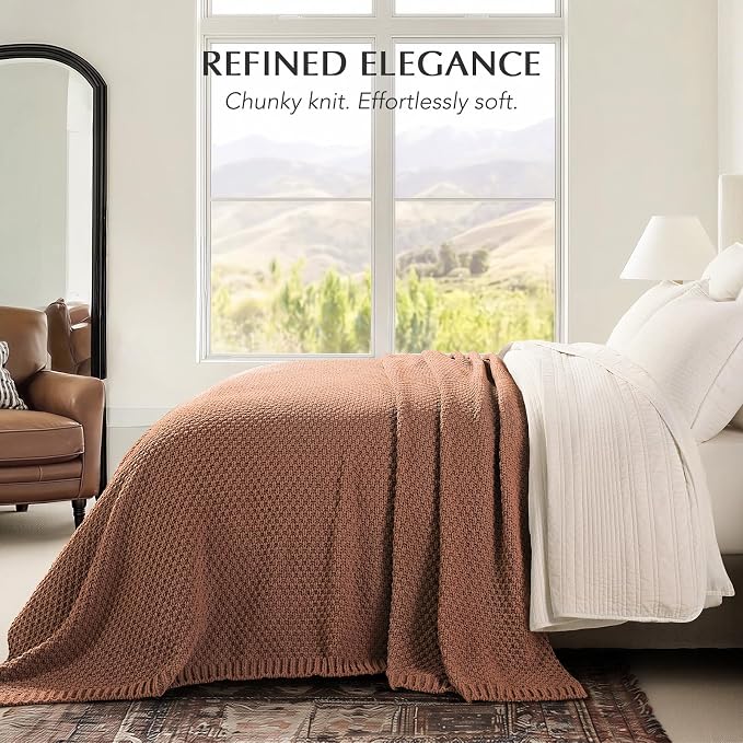 EVERGRACEHOME Chunky Polyester Knit Throw Blanket for Couch, Soft Luxurious Oversized King Moss Stitch Blanket for Bed, Large Cozy Farmhouse Knitted Throw for Sofa, Terracotta Clay, 108" x 92"