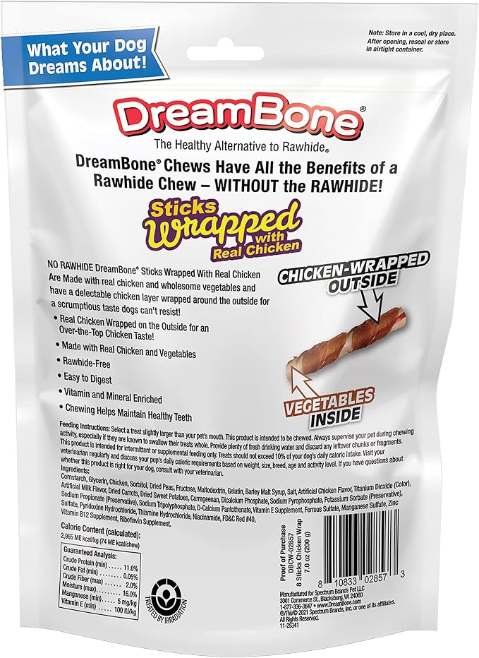 DreamBone Chicken Wrapped Large Stick Dog Treats, Daily Rawhide-Free Chew, Digests Safely and Completely, With Real Protein, Chicken and Veggies, 8 count