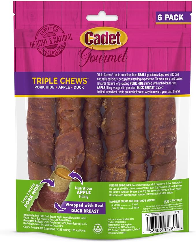 Cadet Gourmet Triple Chews Long-Lasting Pork Hide Sticks with Apple and Duck, Healthy Dog Treats for Small & Large Dogs, 6 Count
