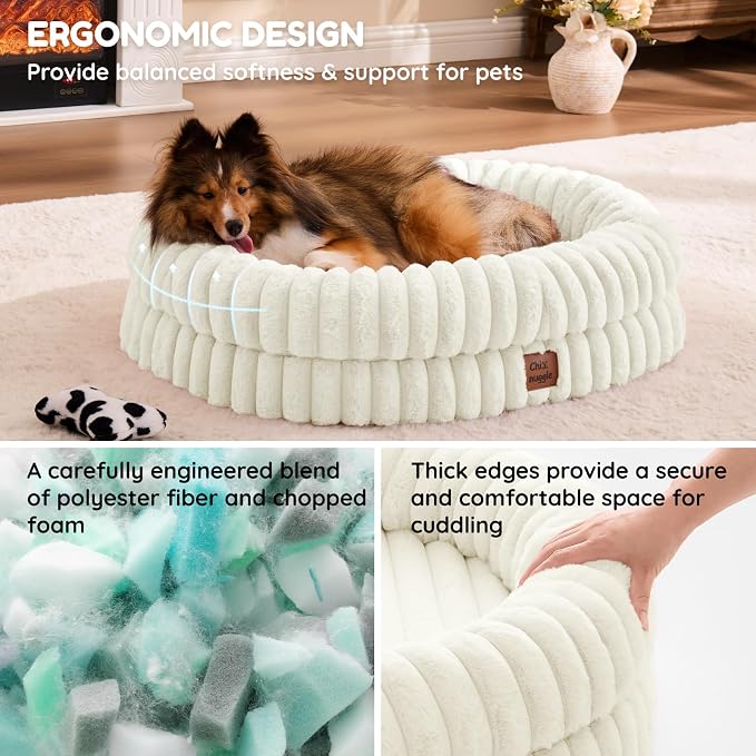ChiXnuggle Orthopedic Dog Bed for Medium Dogs, Waterproof Faux Rabbit Fur Dog Couch with Egg Crate Foam Support and Washable Removable Cover, Bolster Pet Sofa with Non-Slip Bottom, 30x24x7, Cream